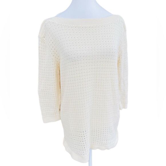 Tommy Hilfiger Ivory Open Knit Cotton 3/4 sleeve boat neck sweater size L. - Picture 1 of 7
